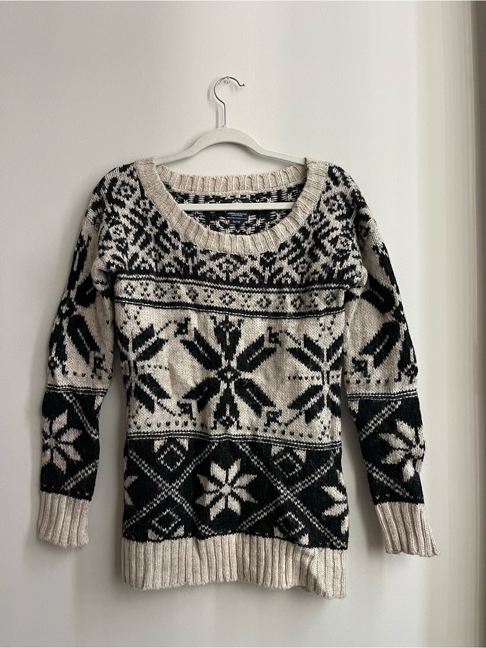 American Eagle Outfitters Black and Ivory Fair Isle Crew Sweater